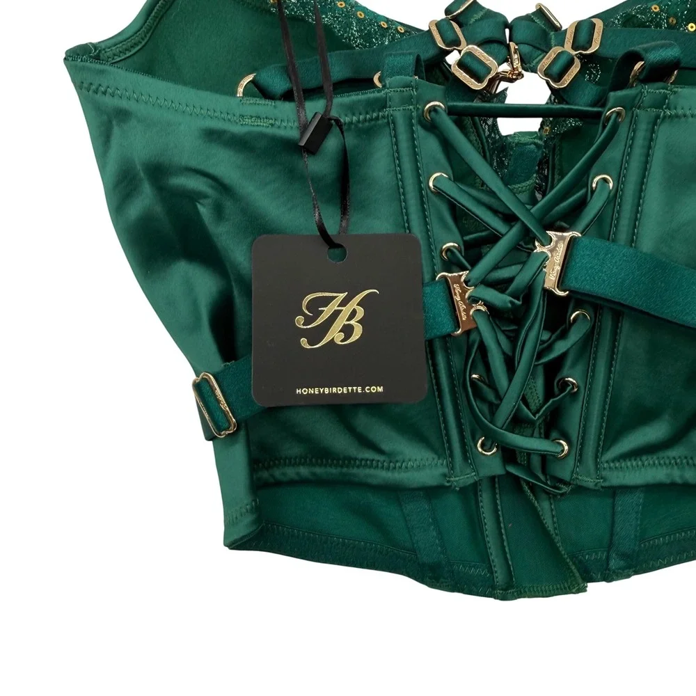 Honey Birdette Gloria Push Up Bustier Forest Green Lace‎ 30H Lingerie Corset Top